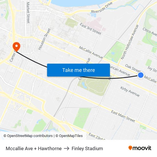 Mccallie Ave + Hawthorne to Finley Stadium map