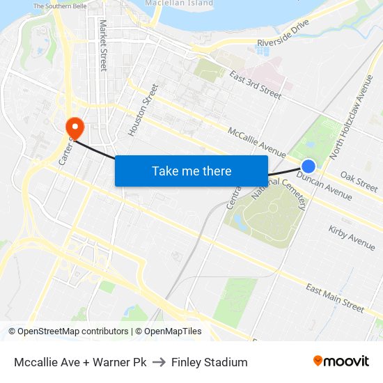 Mccallie Ave + Warner Pk to Finley Stadium map