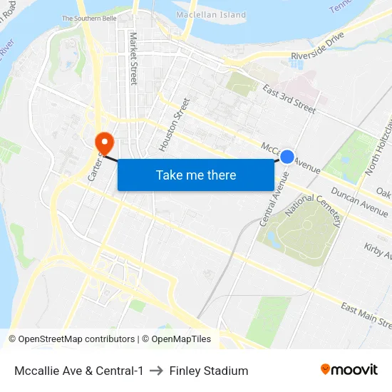 Mccallie Ave & Central-1 to Finley Stadium map