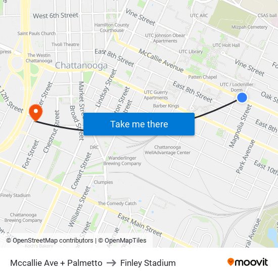 Mccallie Ave + Palmetto to Finley Stadium map