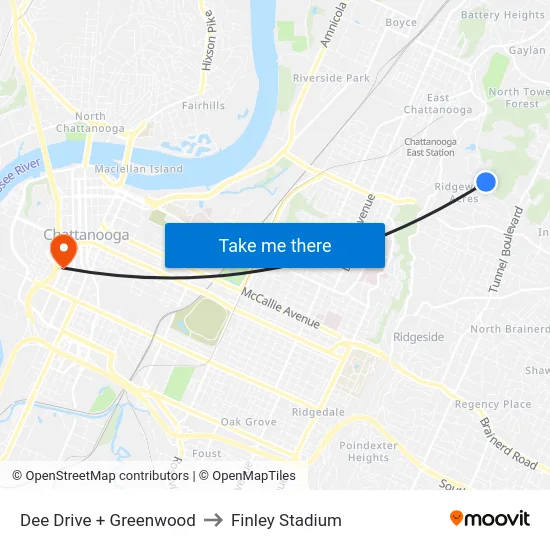 Dee Drive + Greenwood to Finley Stadium map
