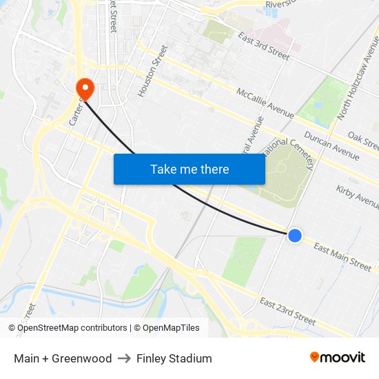 Main + Greenwood to Finley Stadium map