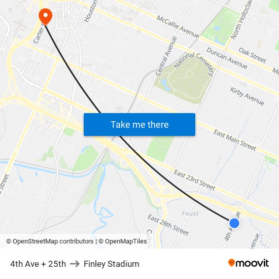 4th Ave + 25th to Finley Stadium map