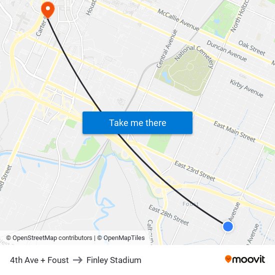 4th Ave + Foust to Finley Stadium map