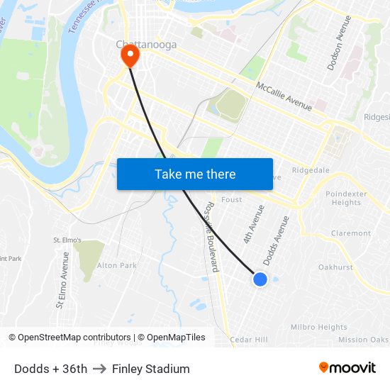 Dodds + 36th to Finley Stadium map