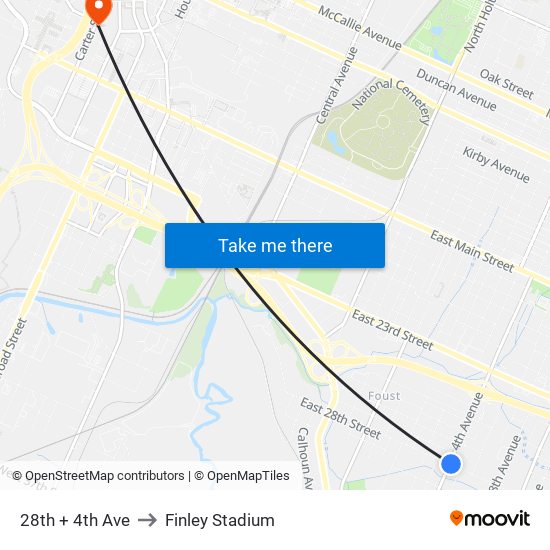 28th + 4th Ave to Finley Stadium map