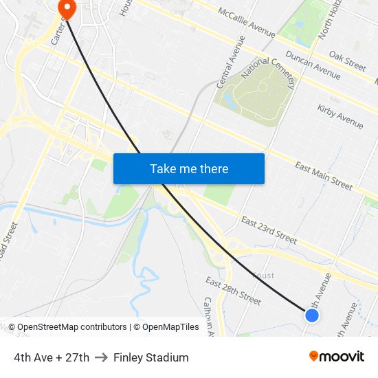 4th Ave + 27th to Finley Stadium map