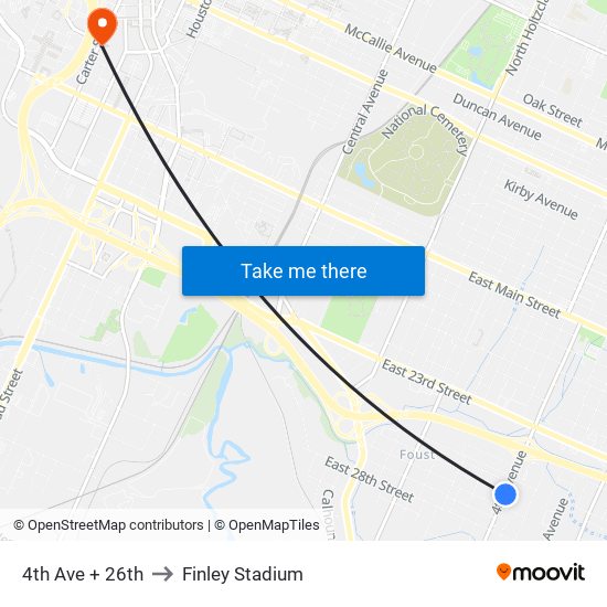 4th Ave + 26th to Finley Stadium map