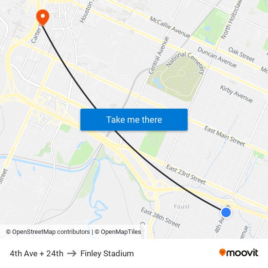 4th Ave + 24th to Finley Stadium map