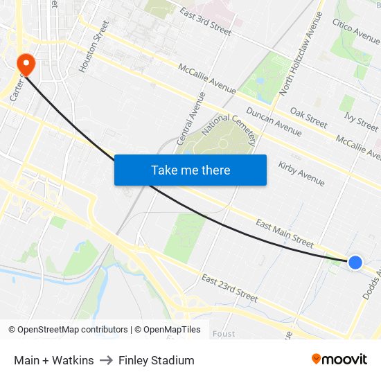 Main + Watkins to Finley Stadium map