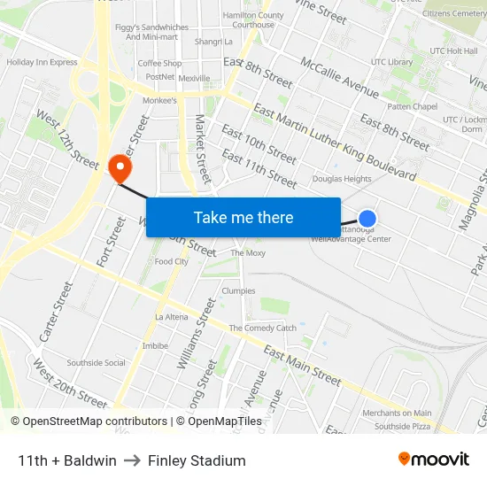 11th + Baldwin to Finley Stadium map