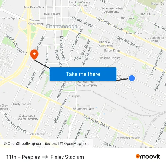 11th + Peeples to Finley Stadium map