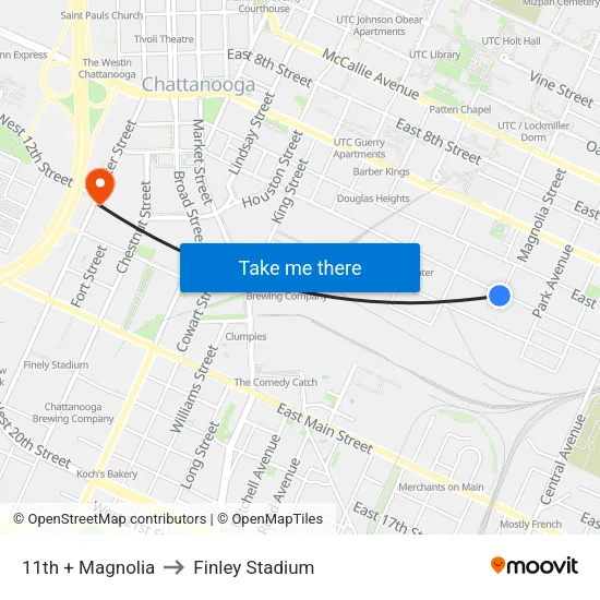 11th + Magnolia to Finley Stadium map