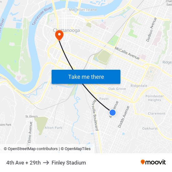 4th Ave + 29th to Finley Stadium map