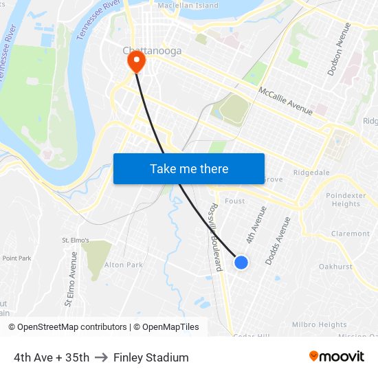 4th Ave + 35th to Finley Stadium map
