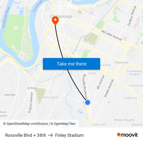 Rossville Blvd + 38th to Finley Stadium map