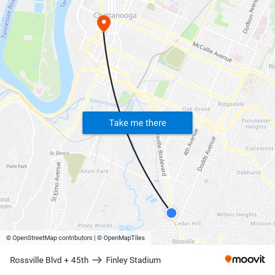 Rossville Blvd + 45th to Finley Stadium map