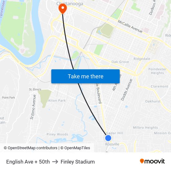 English Ave + 50th to Finley Stadium map