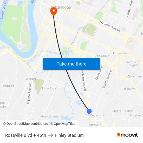 Rossville Blvd + 46th to Finley Stadium map