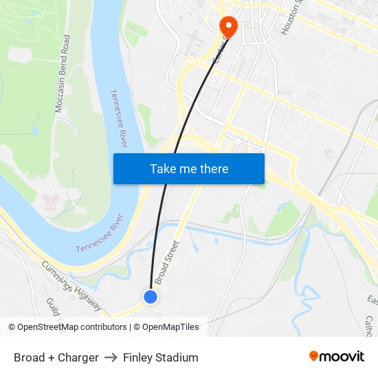 Broad + Charger to Finley Stadium map