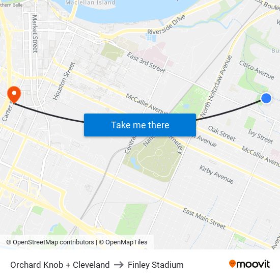 Orchard Knob + Cleveland to Finley Stadium map