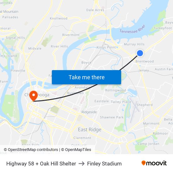 Highway 58 + Oak Hill Shelter to Finley Stadium map
