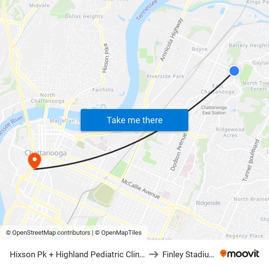 Hixson Pk + Highland Pediatric Clinic to Finley Stadium map
