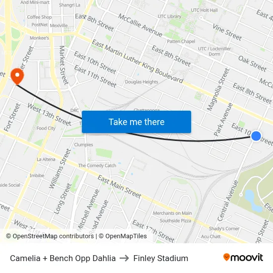 Camelia + Bench Opp Dahlia to Finley Stadium map