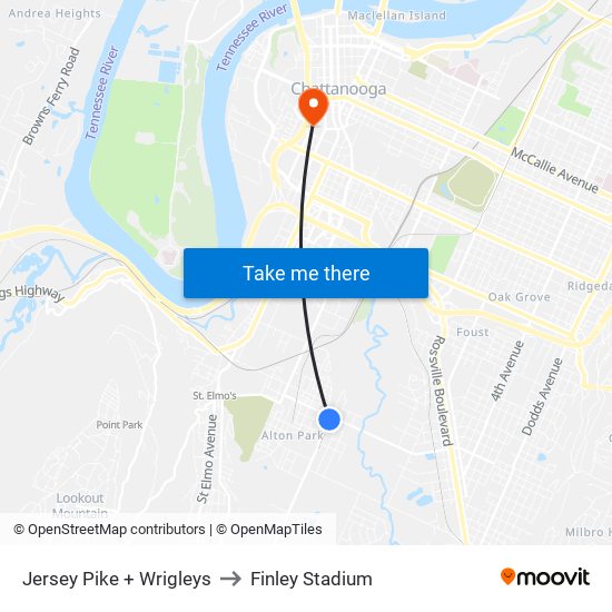 Jersey Pike + Wrigleys to Finley Stadium map