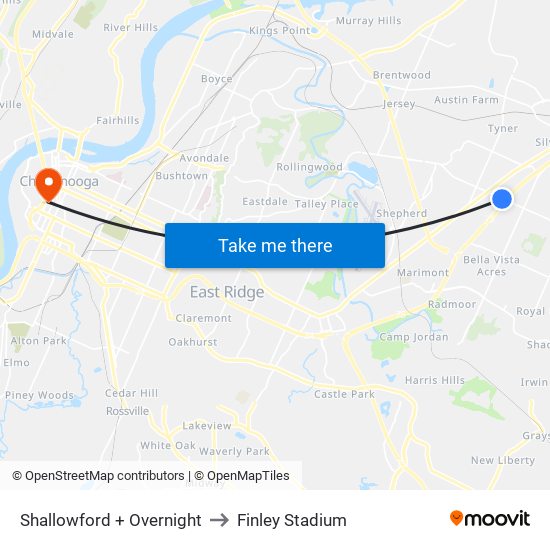 Shallowford + Overnight to Finley Stadium map