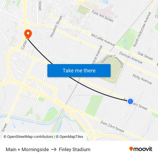 Main + Morningside to Finley Stadium map