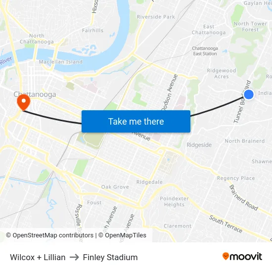 Wilcox + Lillian to Finley Stadium map