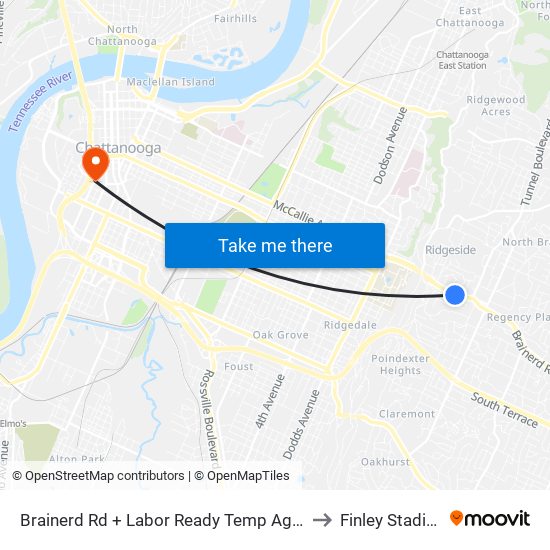 Brainerd Rd + Labor Ready Temp Agency to Finley Stadium map