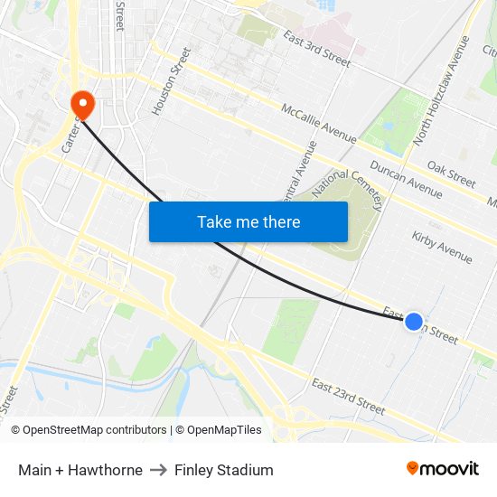 Main + Hawthorne to Finley Stadium map