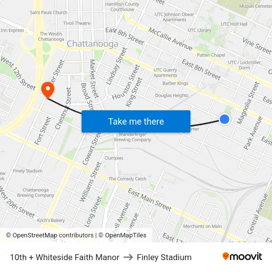10th + Whiteside Faith Manor to Finley Stadium map