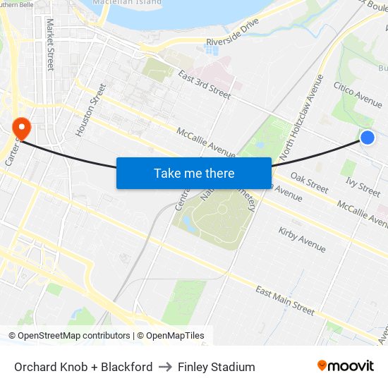 Orchard Knob + Blackford to Finley Stadium map