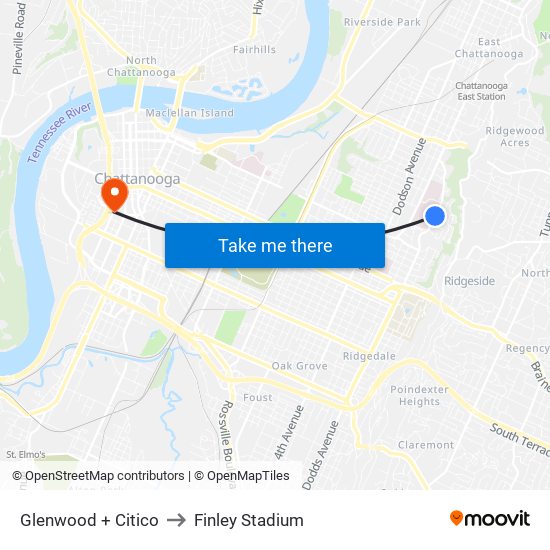 Glenwood + Citico to Finley Stadium map