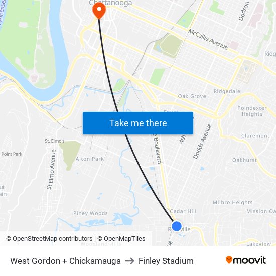 West Gordon + Chickamauga to Finley Stadium map