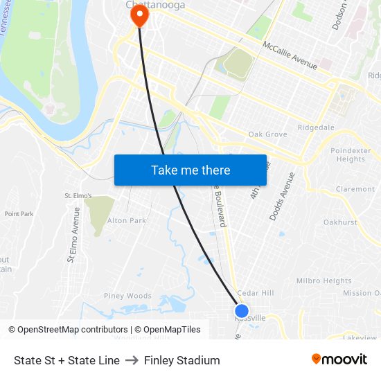 State St + State Line to Finley Stadium map