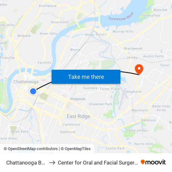 Chattanooga Bus Station to Center for Oral and Facial Surgery of Chattanooga map