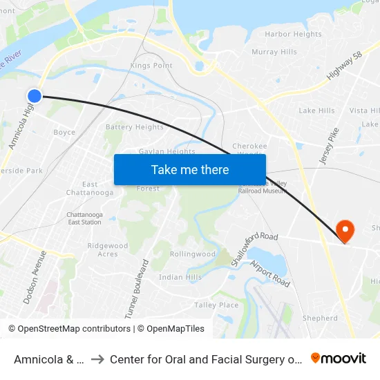 Amnicola & Judd1 to Center for Oral and Facial Surgery of Chattanooga map