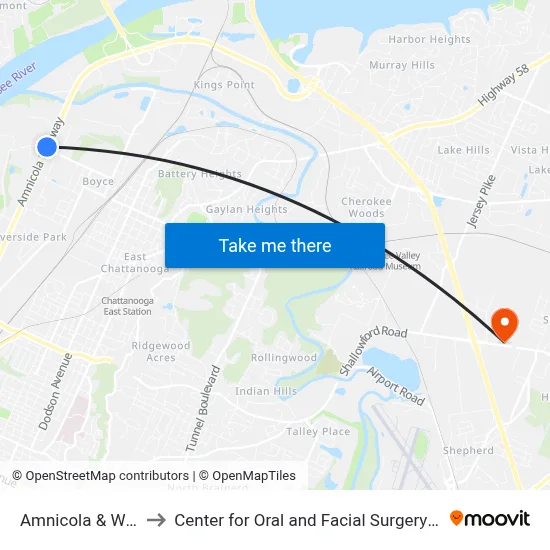 Amnicola & Wisdom-1 to Center for Oral and Facial Surgery of Chattanooga map