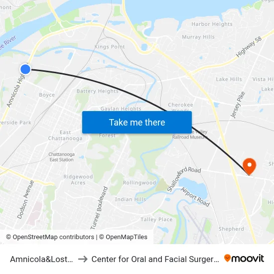 Amnicola&Lost Mound-1 to Center for Oral and Facial Surgery of Chattanooga map