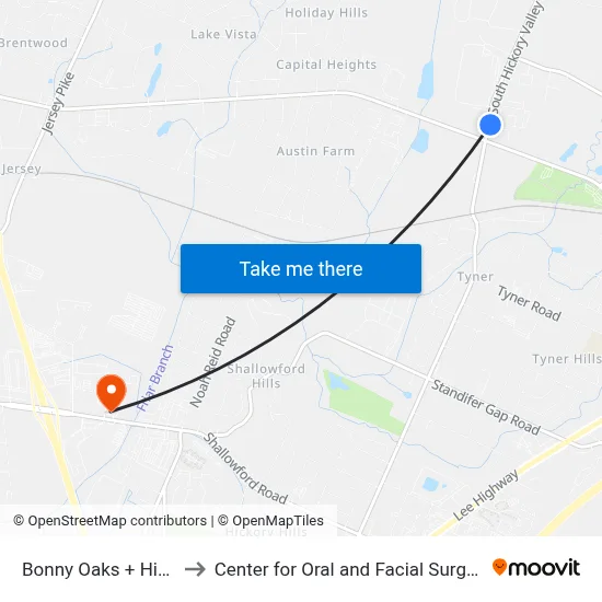 Bonny Oaks + Hickory Valley to Center for Oral and Facial Surgery of Chattanooga map