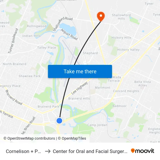 Cornelison + Post Office to Center for Oral and Facial Surgery of Chattanooga map