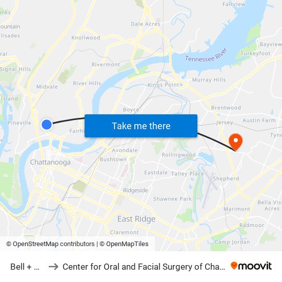 Bell + May to Center for Oral and Facial Surgery of Chattanooga map