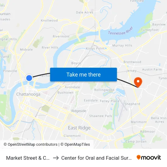 Market Street & Cherokee Blvd to Center for Oral and Facial Surgery of Chattanooga map