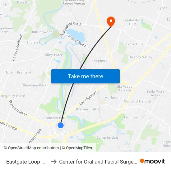 Eastgate Loop Ob 1st Stop to Center for Oral and Facial Surgery of Chattanooga map