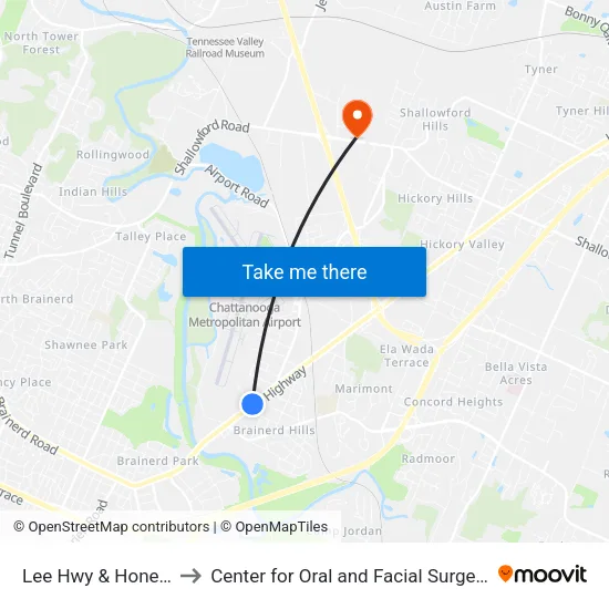Lee Hwy & Honest Street-1 to Center for Oral and Facial Surgery of Chattanooga map