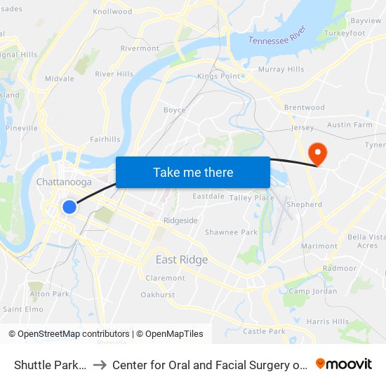 Shuttle Park South to Center for Oral and Facial Surgery of Chattanooga map